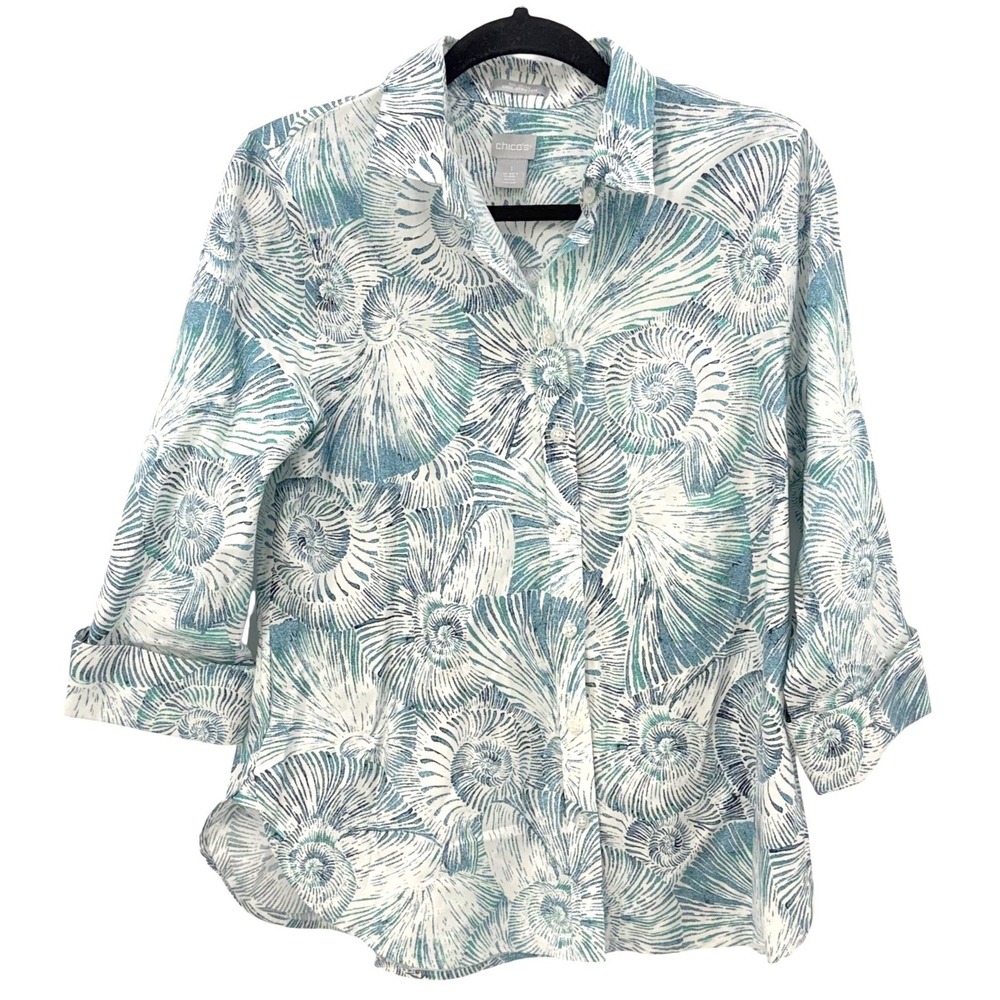 Chico's Blue Seashell‎ Nautilus Button Up Shirt 1/M Coastal Grandmother Vacation